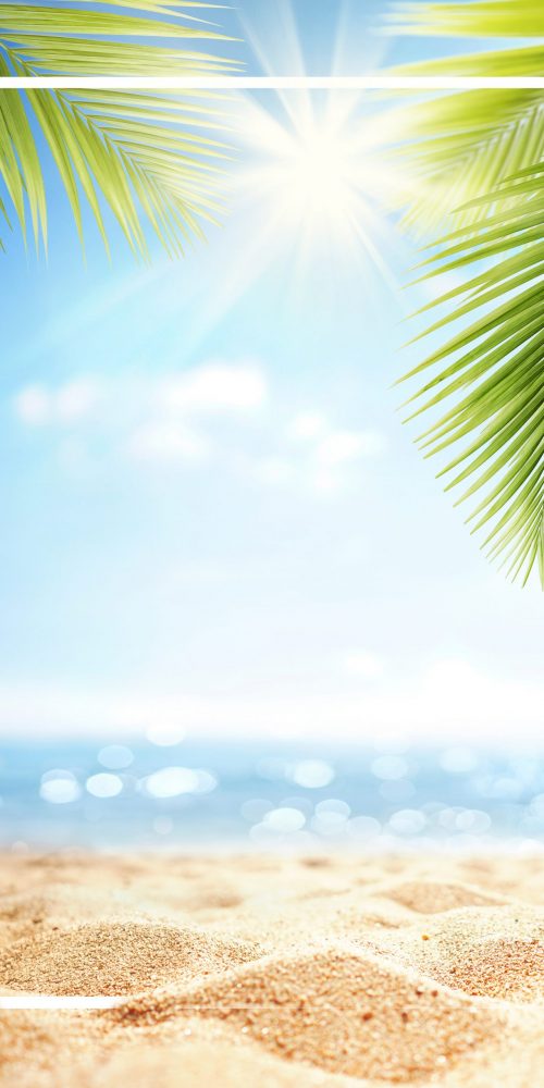 Summer background with frame, nature of tropical golden beach with rays of sun light and leaf palm. Golden sand beach close-up, sea,  blue sky, white clouds. Copy space, summer vacation concept.